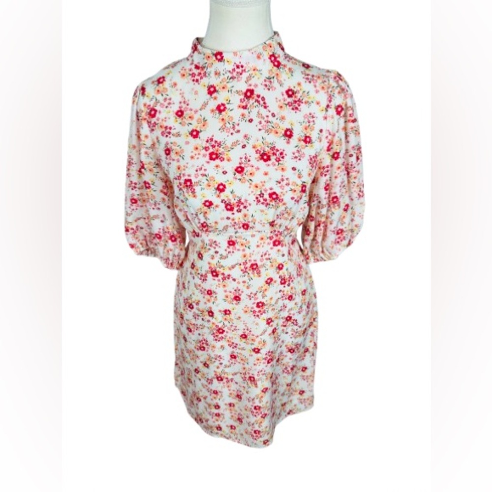 ANDREE BY UNIT Floral Print Short Sleeve Mini Dress- Pink and White Size S